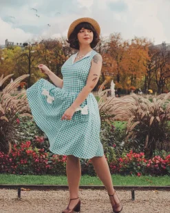 Discount Retro Stage 1950s Plaid Bow Pockets Lapel Dress