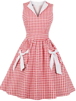 Discount Retro Stage 1950s Plaid Bow Pockets Lapel Dress