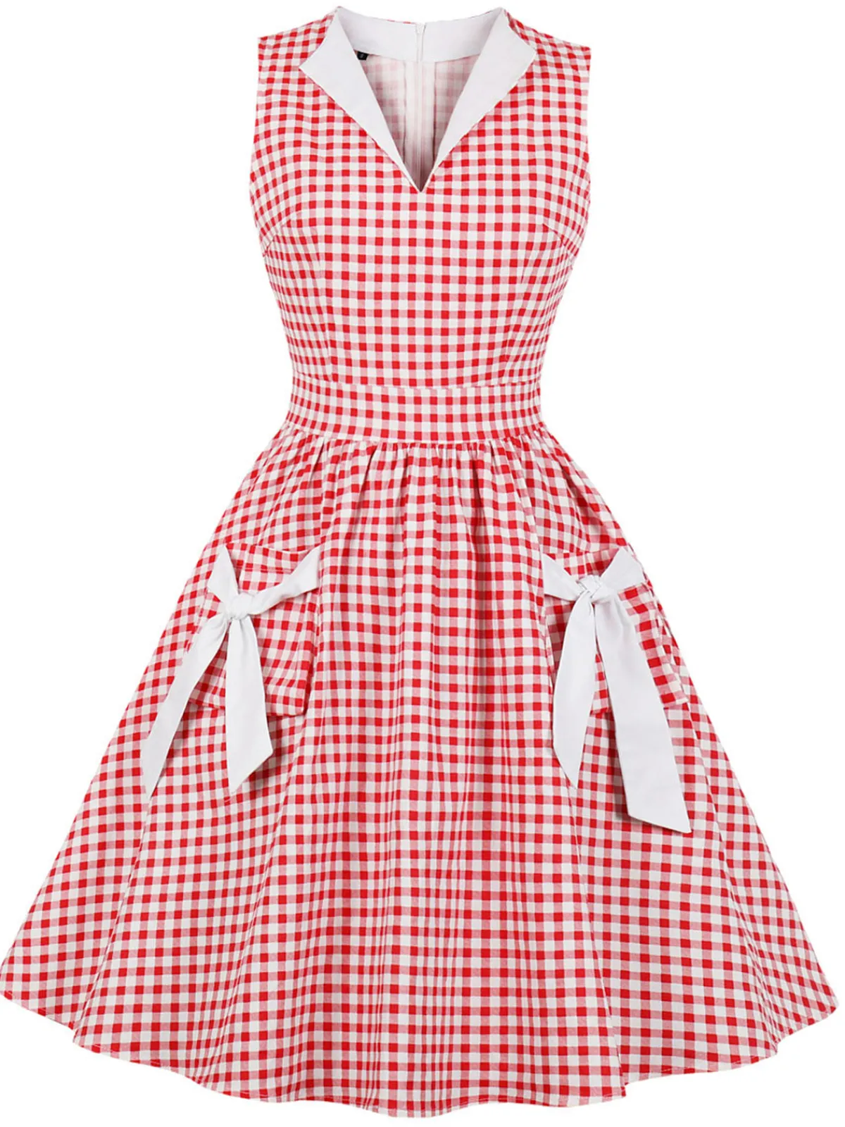 Discount Retro Stage 1950s Plaid Bow Pockets Lapel Dress