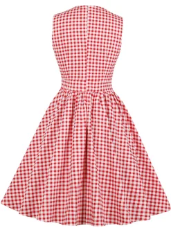 Outlet Retro Stage 1950s Plaid Bow Pockets Lapel Dress