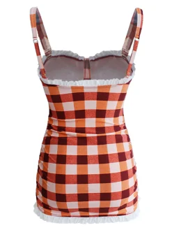 Outlet Retro Stage 1950s Plaid Bow Strap Ruffled Tankini Orange