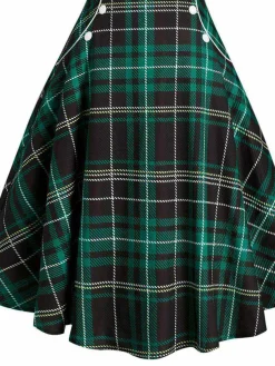 New Retro Stage 1950s Plaid Button Strap Swing Dress