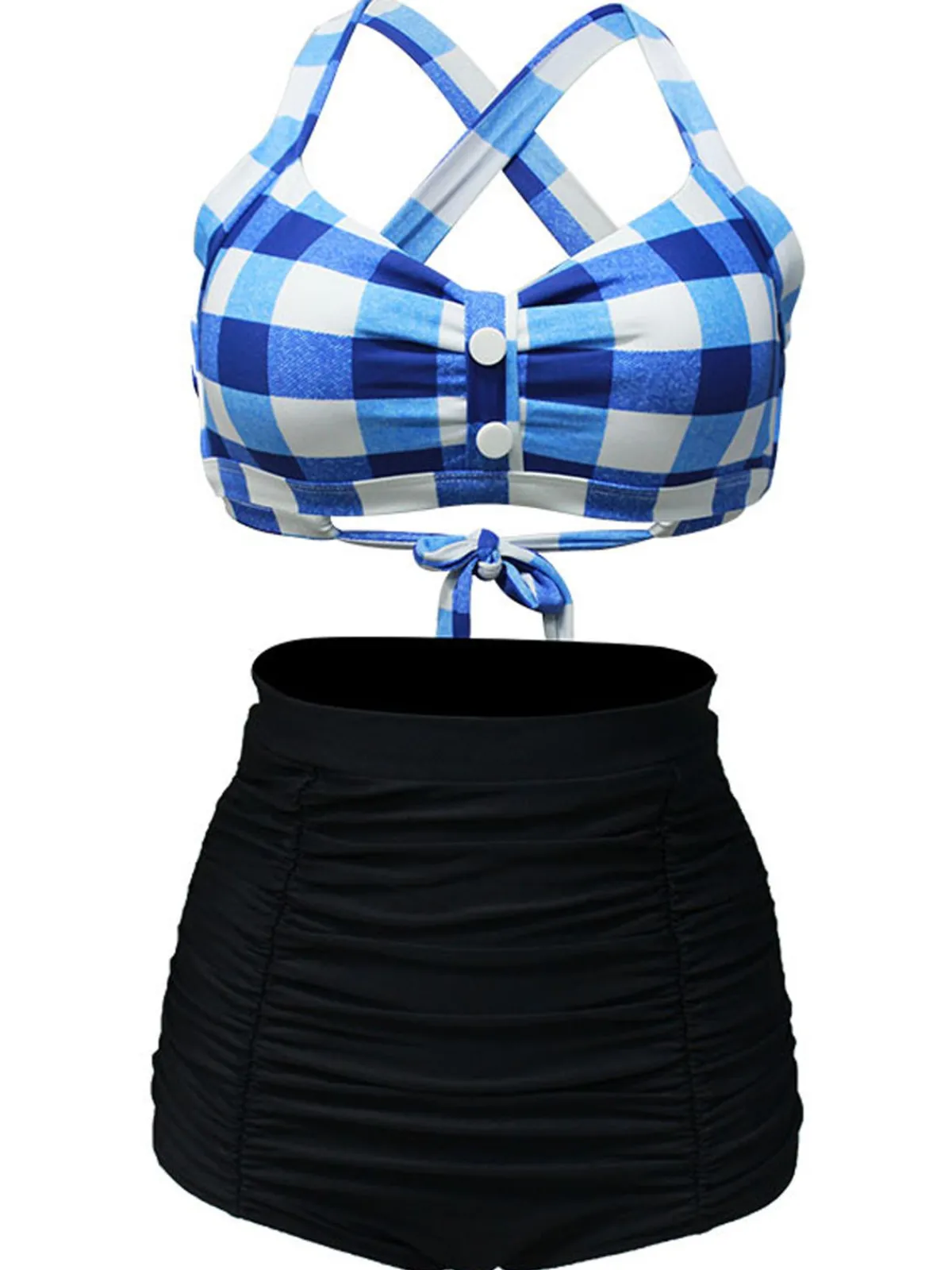 Best Retro Stage 1950s Plaid Criss Cross Pleated Bikini