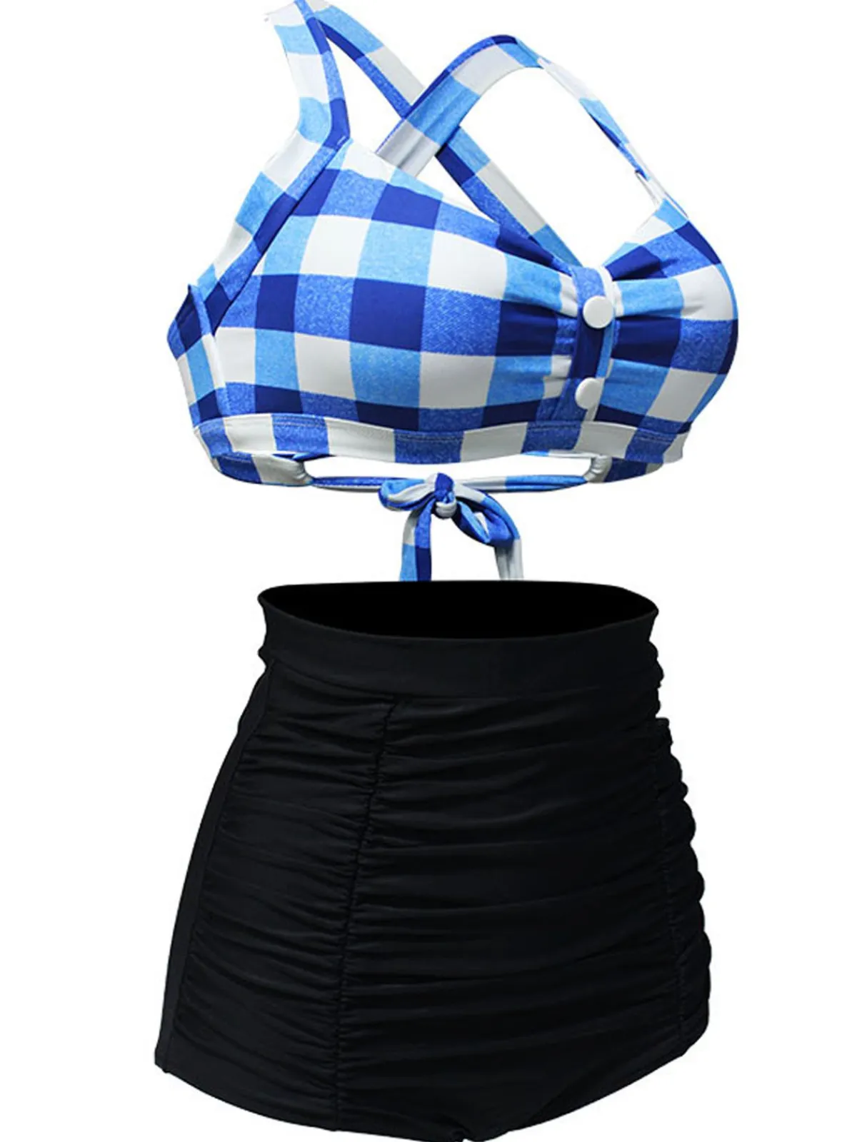 Best Retro Stage 1950s Plaid Criss Cross Pleated Bikini