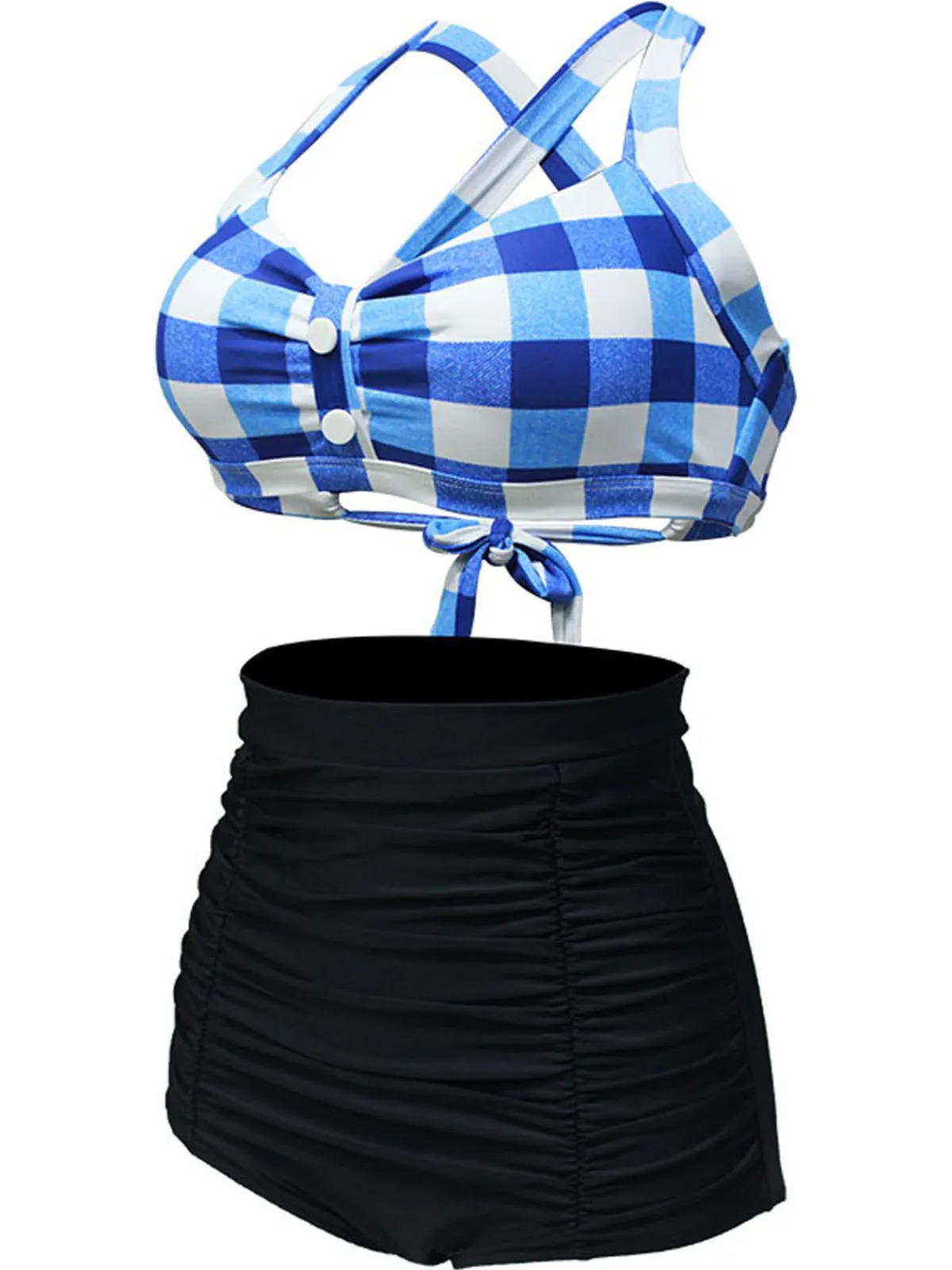 Best Retro Stage 1950s Plaid Criss Cross Pleated Bikini
