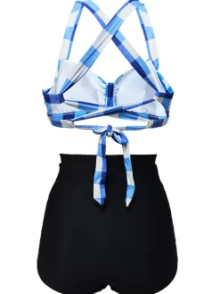 Best Retro Stage 1950s Plaid Criss Cross Pleated Bikini