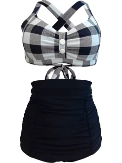 Best Retro Stage 1950s Plaid Criss Cross Pleated Bikini