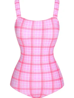 Sale Retro Stage 1950s Plaid Elastic Gathers One-Piece Swimsuit