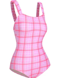 Sale Retro Stage 1950s Plaid Elastic Gathers One-Piece Swimsuit