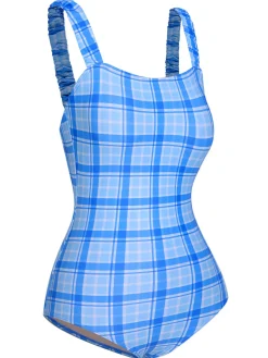 Sale Retro Stage 1950s Plaid Elastic Gathers One-Piece Swimsuit