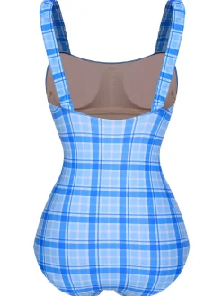 Sale Retro Stage 1950s Plaid Elastic Gathers One-Piece Swimsuit
