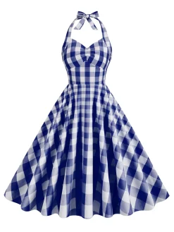 Discount Retro Stage 1950s Plaid Halter Swing Dress