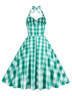 Discount Retro Stage 1950s Plaid Halter Swing Dress