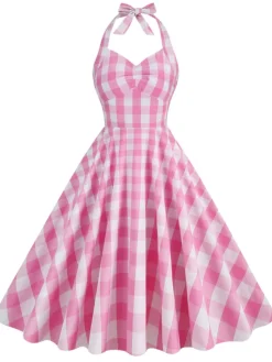 Clearance Retro Stage 1950s Plaid Halter Swing Dress