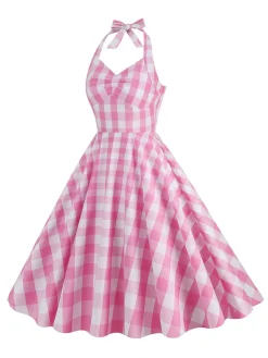 Clearance Retro Stage 1950s Plaid Halter Swing Dress