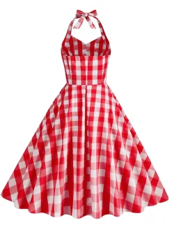 Clearance Retro Stage 1950s Plaid Halter Swing Dress