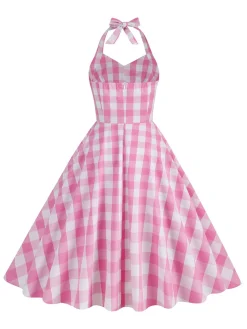 Clearance Retro Stage 1950s Plaid Halter Swing Dress