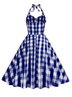 Clearance Retro Stage 1950s Plaid Halter Swing Dress