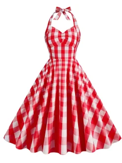 Clearance Retro Stage 1950s Plaid Halter Swing Dress