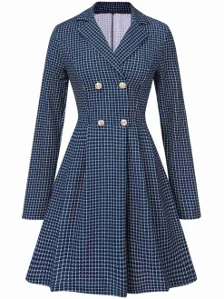 New Retro Stage 1950s Plaid Notch Lapel Double Breasted Coat