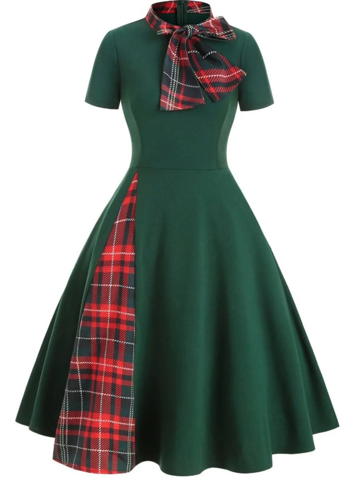 Fashion Retro Stage 1950s Plaid Patchwork Bow Swing Dress Green