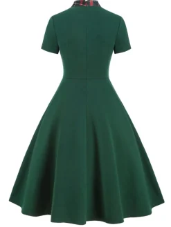 Fashion Retro Stage 1950s Plaid Patchwork Bow Swing Dress Green