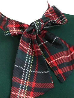 Fashion Retro Stage 1950s Plaid Patchwork Bow Swing Dress Green