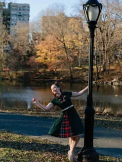Best Retro Stage 1950s Plaid Patchwork Bow Swing Dress Green