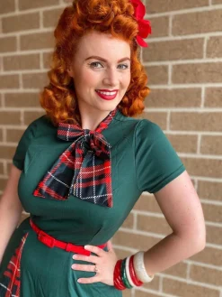 Discount Retro Stage 1950s Plaid Patchwork Bow Swing Dress Green