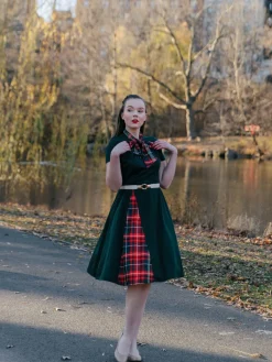 Discount Retro Stage 1950s Plaid Patchwork Bow Swing Dress Green