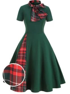 Discount Retro Stage 1950s Plaid Patchwork Bow Swing Dress Green