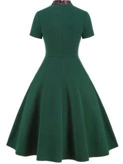 Discount Retro Stage 1950s Plaid Patchwork Bow Swing Dress Green
