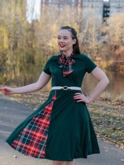 Discount Retro Stage 1950s Plaid Patchwork Bow Swing Dress Green