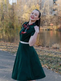Discount Retro Stage 1950s Plaid Patchwork Bow Swing Dress Green