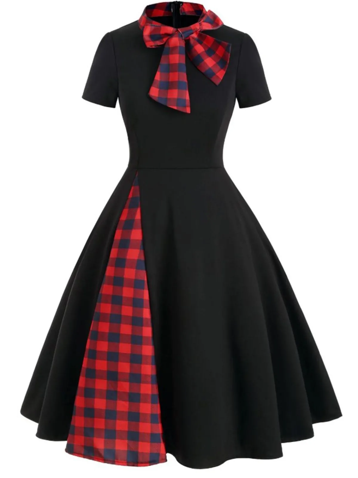 Online Retro Stage 1950s Plaid Patchwork Bow Swing Dress Black