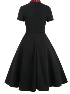 Online Retro Stage 1950s Plaid Patchwork Bow Swing Dress Black
