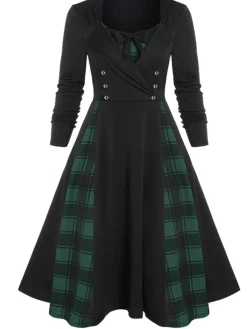 New Retro Stage 1950s Plaid Patchwork Gothic Pleated Dress