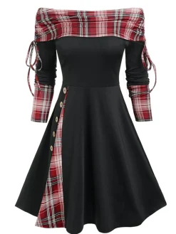 Fashion Retro Stage 1950s Plaid Patchwork Lace-Up Off-Shoulder Dress
