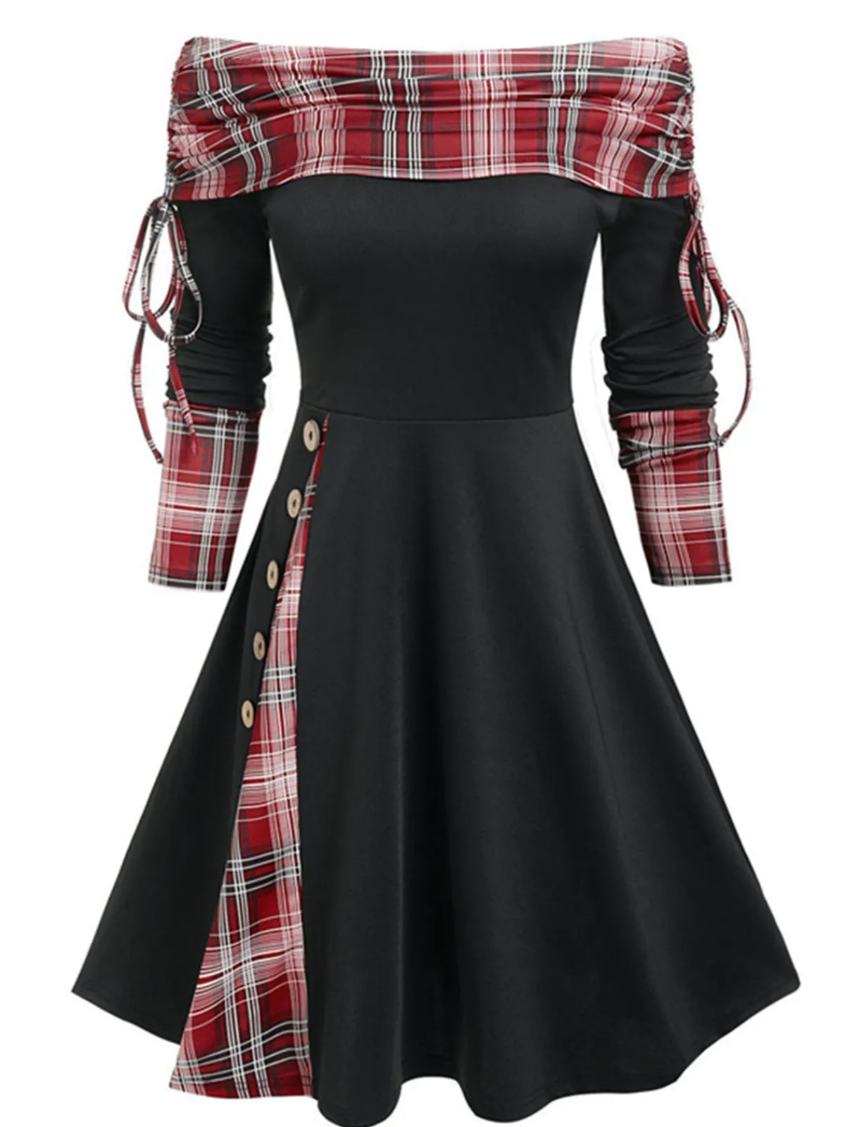 Fashion Retro Stage 1950s Plaid Patchwork Lace-Up Off-Shoulder Dress