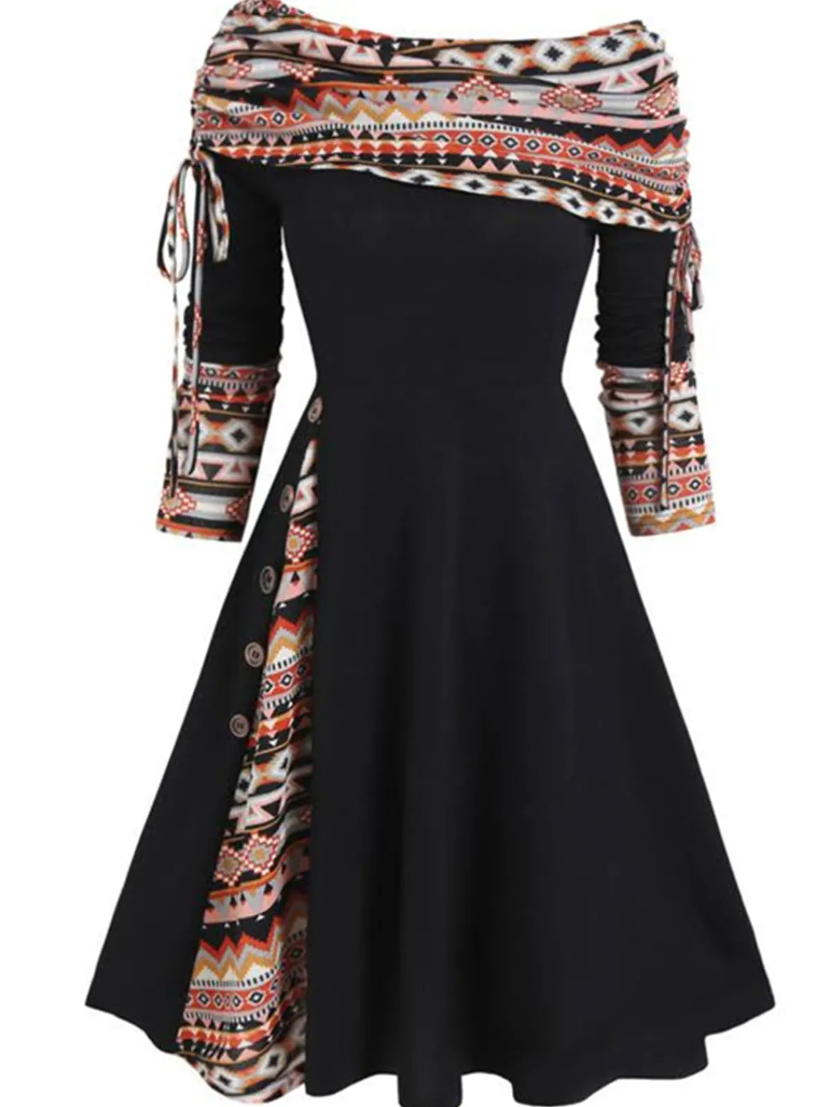Fashion Retro Stage 1950s Plaid Patchwork Lace-Up Off-Shoulder Dress