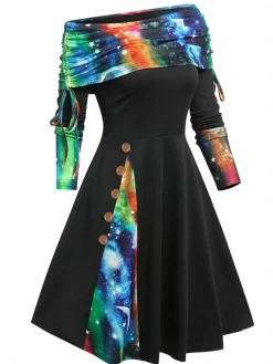 Fashion Retro Stage 1950s Plaid Patchwork Lace-Up Off-Shoulder Dress
