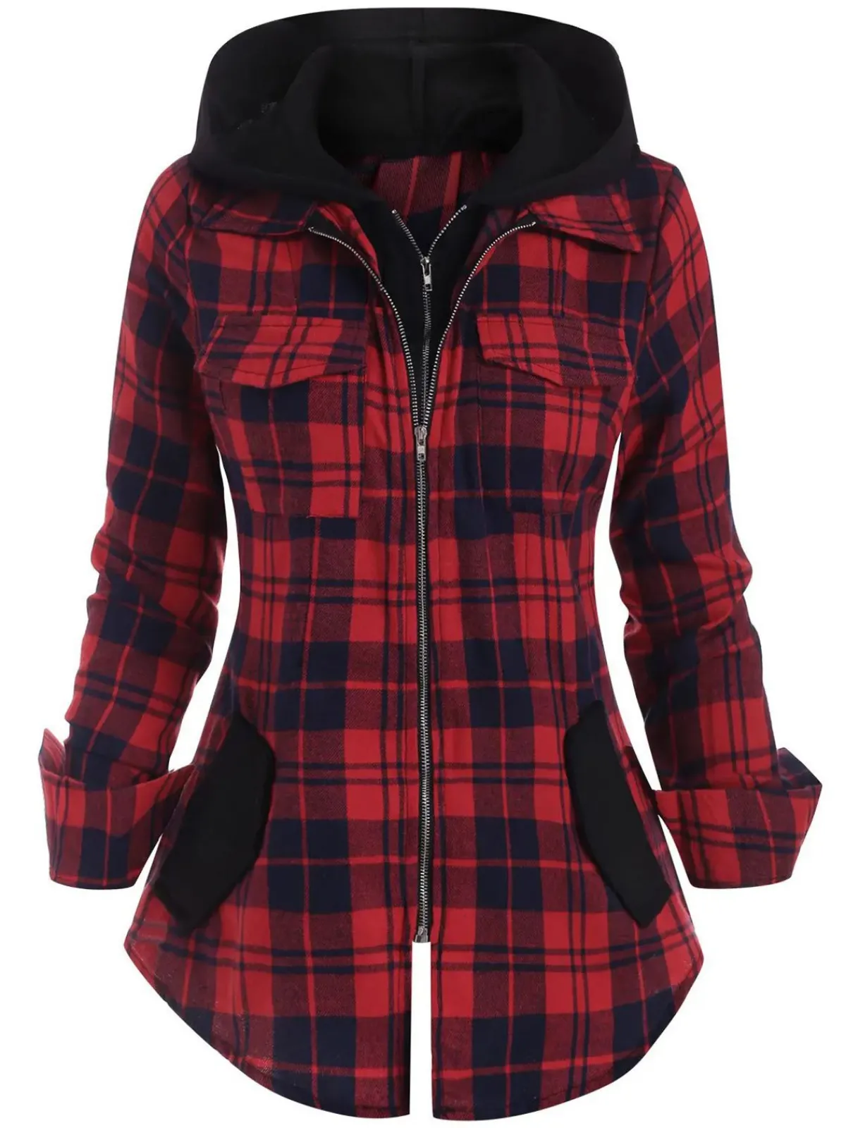 Sale Retro Stage 1950s Plaid Pocket Hooded Zipper Tops