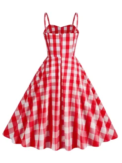 Outlet Retro Stage 1950s Plaid Strap Cotton Swing Dress