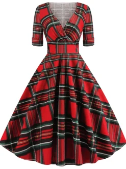 Discount Retro Stage 1950s Plaid Sweetheart Fold Swing Dress