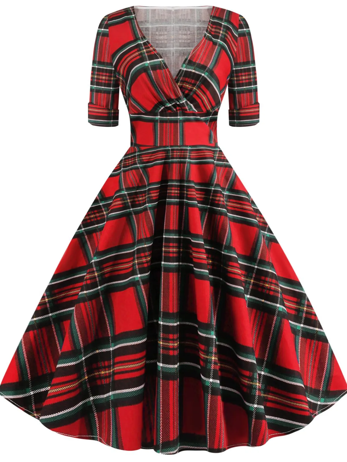 Discount Retro Stage 1950s Plaid Sweetheart Fold Swing Dress