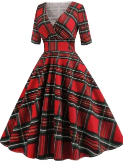 Discount Retro Stage 1950s Plaid Sweetheart Fold Swing Dress