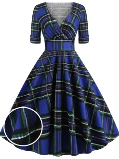 Clearance Retro Stage 1950s Plaid Sweetheart Fold Swing Dress