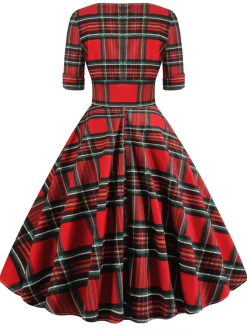 Clearance Retro Stage 1950s Plaid Sweetheart Fold Swing Dress