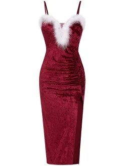 New Retro Stage 1960s Plush Patchwork Velvet Slit Straps Dress