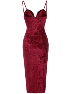 New Retro Stage 1960s Plush Patchwork Velvet Slit Straps Dress